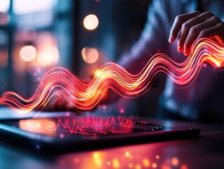 Fototapete - Hand on tablet with glowing data visualization.