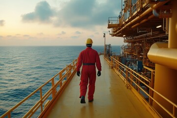 Oil and gas worker in red overalls on offshore platform near yellow pipes and sea water