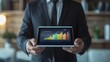 © wikkie - A businessman holds a tablet displaying a colorful growth chart.