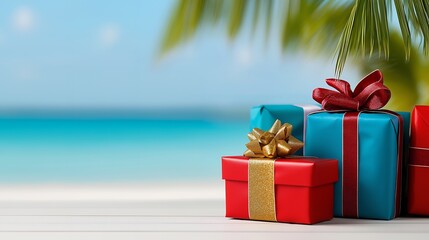 Gift boxes on a white wooden surface with a blurred beach background and palm tree leaves.