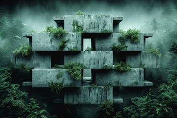 Abstract concrete structure with lush greenery growing between its gaps, architectural design blends nature with industrial materials, representing the coexistence of urban and natural elements.