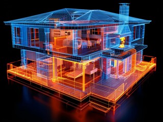 Detailed thermal imaging cutaway house showing areas heat escape through windows, doors, structural elements, bright orange regions indicate heat loss, while blue represents colder areas.