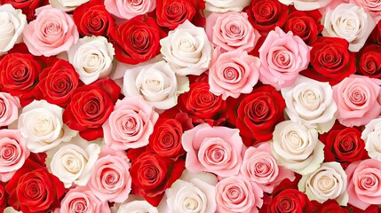 Poster - A bouquet of roses in various shades of red, pink, and white, arranged elegantly on a wooden table, representing love, beauty,