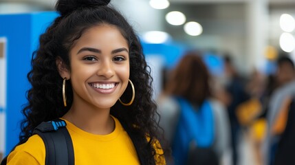 Poster - Smiling young woman with curly hair wearing a yellow shirt and backpack in a public space.