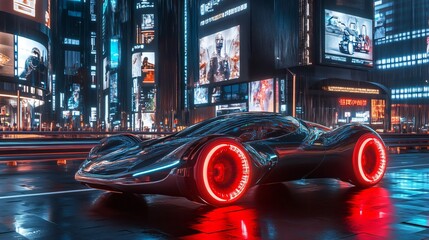 Futuristic car in a neon city at night.