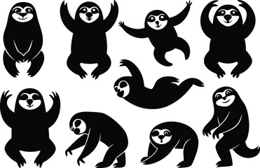 Wall Mural - Cartoon vector black sloths silhouette clipart