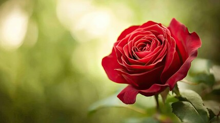 Sticker - A close-up of a vibrant red rose in full bloom, with its velvety petals unfolding against a soft, blurred green background,