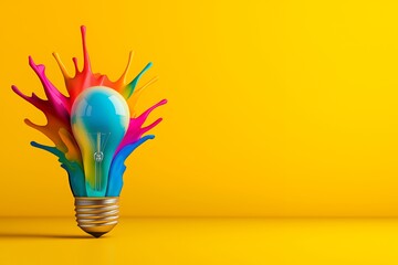 Wall Mural - A lightbulb on a yellow background with colorful paint splatters.