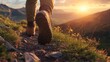 © wikkie - A hiker walks along a scenic trail at sunset, surrounded by mountains and flowers.