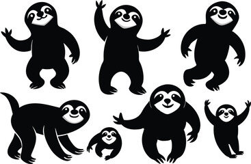 Wall Mural - Cartoon vector black sloths silhouette clipart