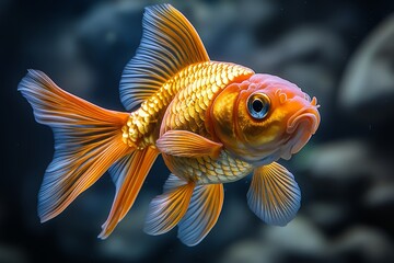 A goldfish with orange and white fins swims in a tank.