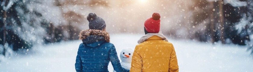 Couple Building Snowman During Winter Holiday