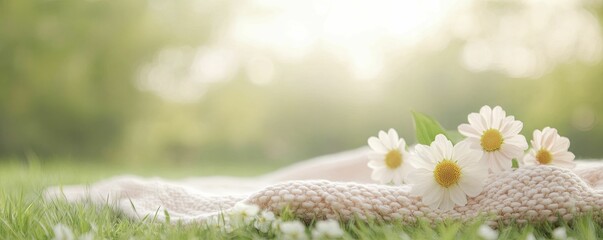 Sticker - Serene Woman Relaxing in Lush Green Grass Surrounded by Colorful Daisies, Embracing Natures Beauty and Tranquility Under a Clear Blue Sky