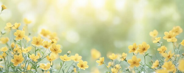 Wall Mural - Vibrant Yellow Flowers Blooming in Natural Light, Showcasing Delicate Petals and Lush Green Foliage, Evoking a Sense of Joy and Serenity in a Beautiful Outdoor Setting