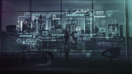 Wall Mural - artificial intelligence works on a startup, scene with animated infographics
