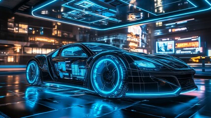 Wall Mural - Futuristic car with neon lights in a city at night.