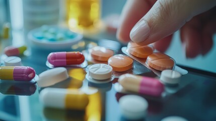 Hand approaching various colorful pills, capsules on reflective surface depicting pharmaceutical concept