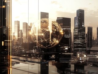 Futuristic Metropolis Poster: Illuminate Your Space with a Luminous Globe Encasing a High-Rise City and a Global Map of Connections – Perfect for Modern Sports Interiors!