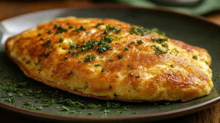 A golden brown omelette with fresh herbs on a plate