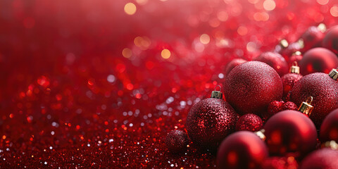 Wall Mural - red christmas ornaments are laying on red glitter with twinkling lights in the background, creating 