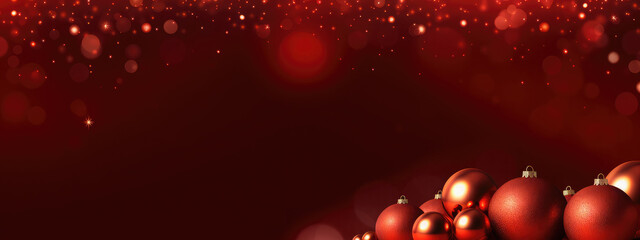 Wall Mural - red christmas ornaments are laying on red glitter with twinkling lights in the background, creating 