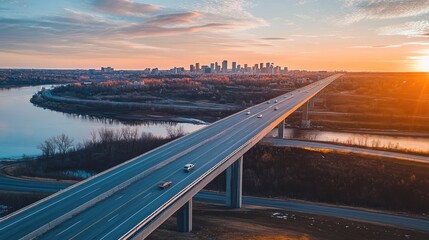 Scenic Sunset Over Urban Highway and River Landscape