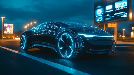 Futuristic electric car driving on an asphalt road at night.