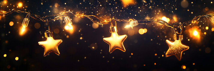 Wall Mural - christmas warm gold garland lights over dark background with glitter overlay