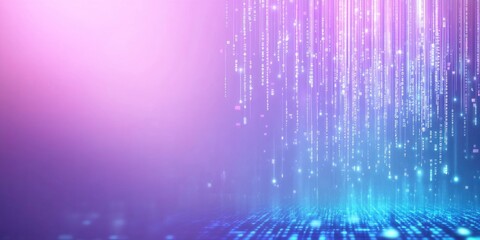 Digital technology background with glowing elements of code and data in bright blue and purple color