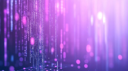 Digital technology background with glowing elements of code and data in bright blue and purple color