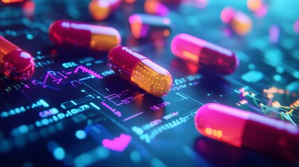 abstract pharmaceutical concept with colorful pills and chemical formulas