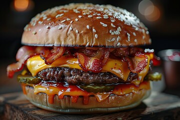 Wall Mural - Closeup of a Delicious Cheeseburger with Bacon