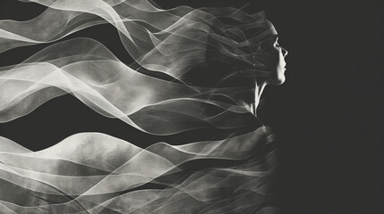 Wall Mural - black and white illustration of the silhouette of a dancer in mid-air, with lines and circles behind