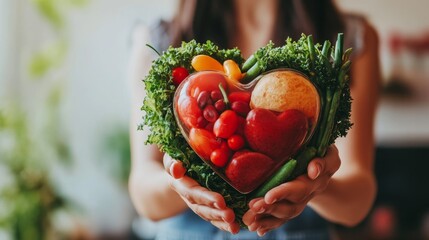 Close-up of a person holding a heart-shaped object filled with heart-healthy foods, symbolizing a commitment to a balanced diet