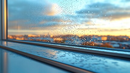 Wall Mural - Raindrops on a window pane overlooking a cityscape at sunset