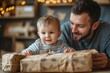 © Image Alchemy - Dad get a handmade gift from little son, present wrapped in diy homemade wrapping paper. Happy Fathers day concept, Generative AI