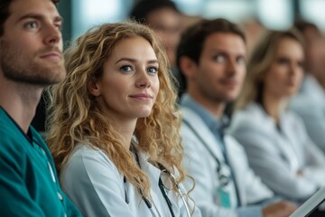 group of doctors on conference, medical team sitting and listening speaker. medical experts attendin