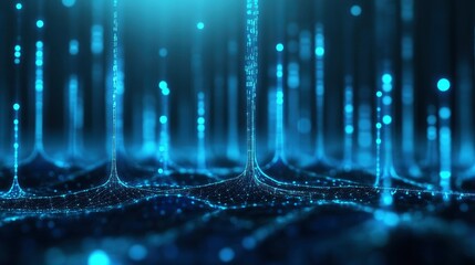 Digital technology background with glowing elements of code and data in bright blue and purple color