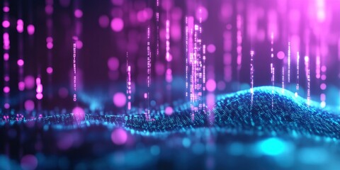 Digital technology background with glowing elements of code and data in bright blue and purple color