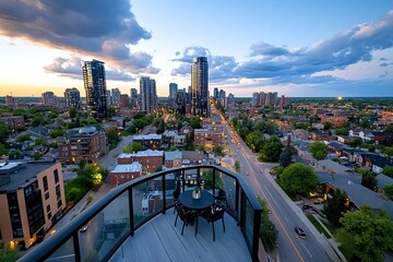 A sprawling urban skyline viewed from a rooftop terrace, with a clear view of the tallest buildings and bustling streets below