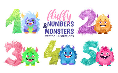 Wall Mural - Set of festive furry numbers with monsters for childish prints, Happy birthday and Halloween designs. Cute fluffy numbers from 1 to 5. Isolated vector clip arts on white background. Hand drawn figures