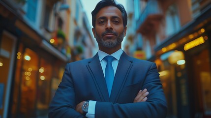 Canvas Print - Confident businessman with arms crossed standing in city street with blurry background.