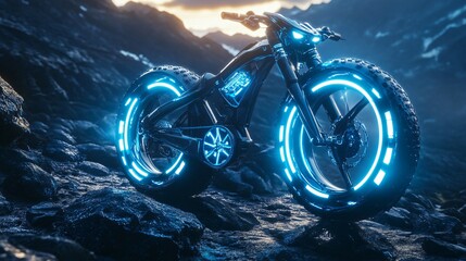 Wall Mural - Futuristic motorcycle with blue glowing wheels on a rocky landscape.