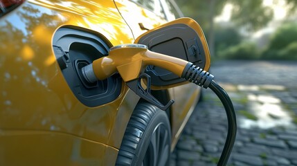 Electric car charging plug contrasted with a gasoline pistol pump fuel nozzle symbolizes the ongoing shift from petroleum-powered vehicles to electric cars