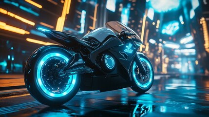 Wall Mural - Futuristic motorcycle with blue neon lights in a cyberpunk city.