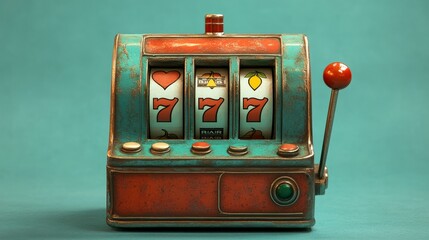 A vintage-style slot machine with colorful reels displaying hearts and sevens, set against a turquoise background.