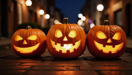 Three humorously-carved pumpkins illuminate a spooky night scene with a blurry city backdrop - perfect for a festive Halloween party setting