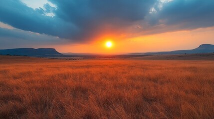 Poster - A large field of dry grass with a sun setting in the background