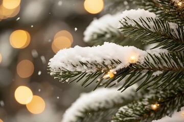 Wall Mural - Closeup of a snow-covered pine branch with warm lights and bokeh in the background.