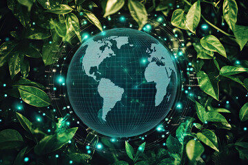 A digital globe surrounded by green foliage representing global environmental consciousness, highlighting the significance of preserving and protecting our planet.